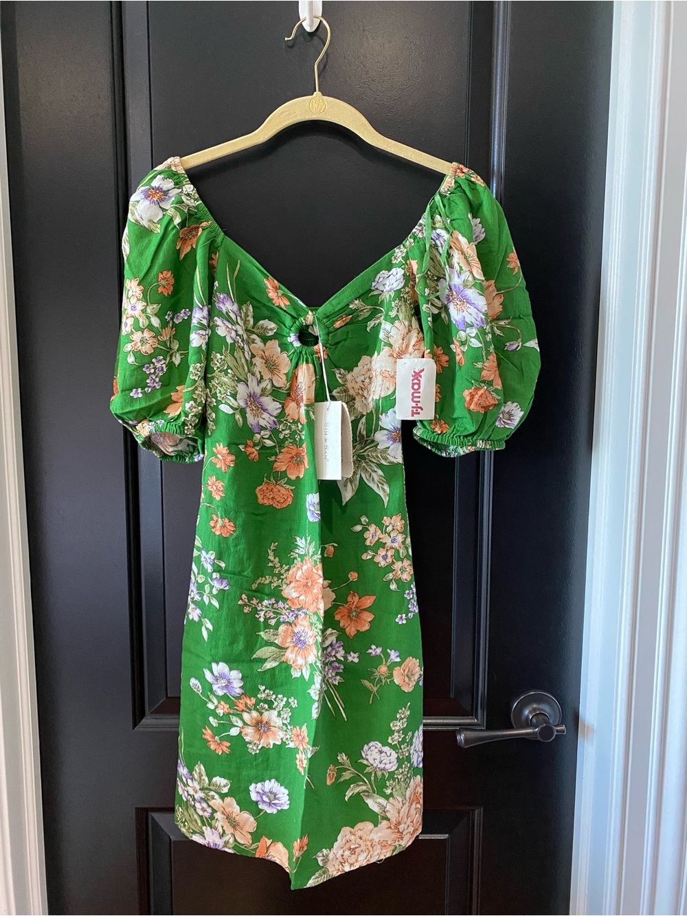 Sim & Sam Green Floral Mini Dress with Peach & Lavender Blooms